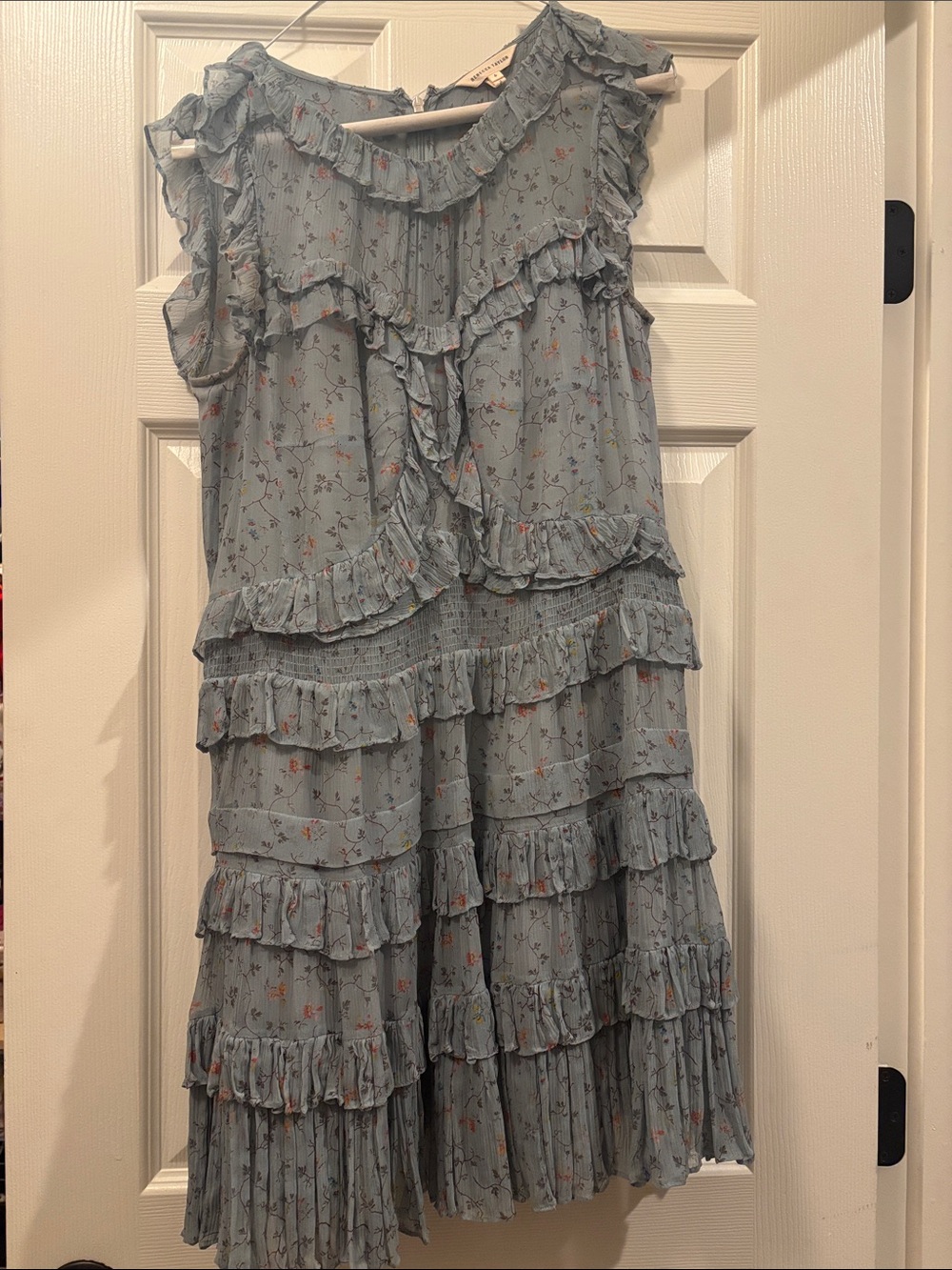 Rebecca Taylor Silk Light Blue Floral Ruffle Dress